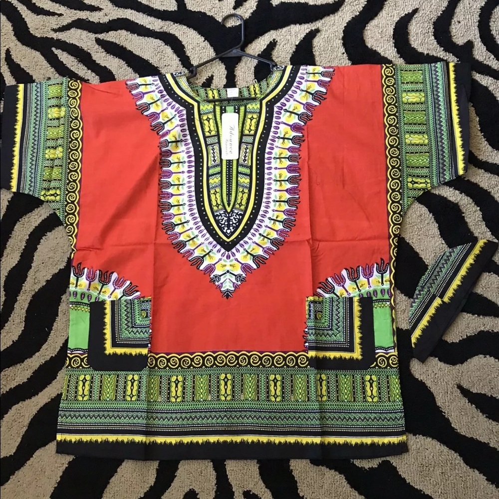 African Print Dashiki Men Women Shirt Traditional Vtg. Festive One Size ORANGE